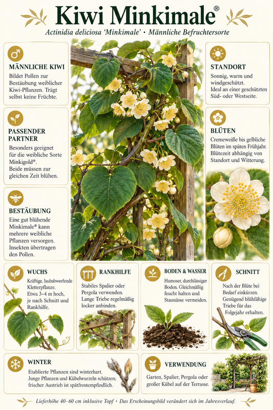 Kiwi ‘Minkimale’ – männliche Befruchterpflanze für ‘Minkigold’ – Kletterpflanze für Garten & Pergola – 40–60 cm inkl. Topf