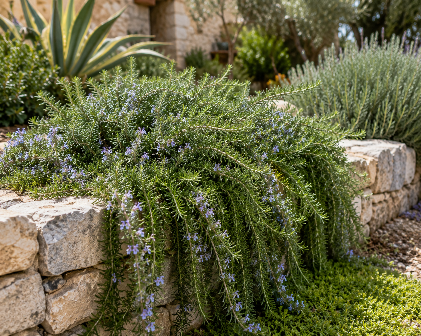 Hängender Rosmarin Prostratus im 12 cm Topf – Kriechrosmarin winterhart immergrün aromatisch für Balkon Garten und Küche
