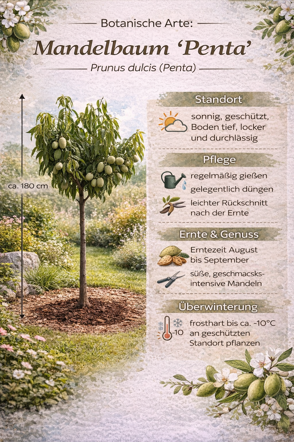 Mandelbaum Penta (Prunus dulcis) ca. 180 cm – Winterharte Mandel Pflanze  für Garten & Terrasse