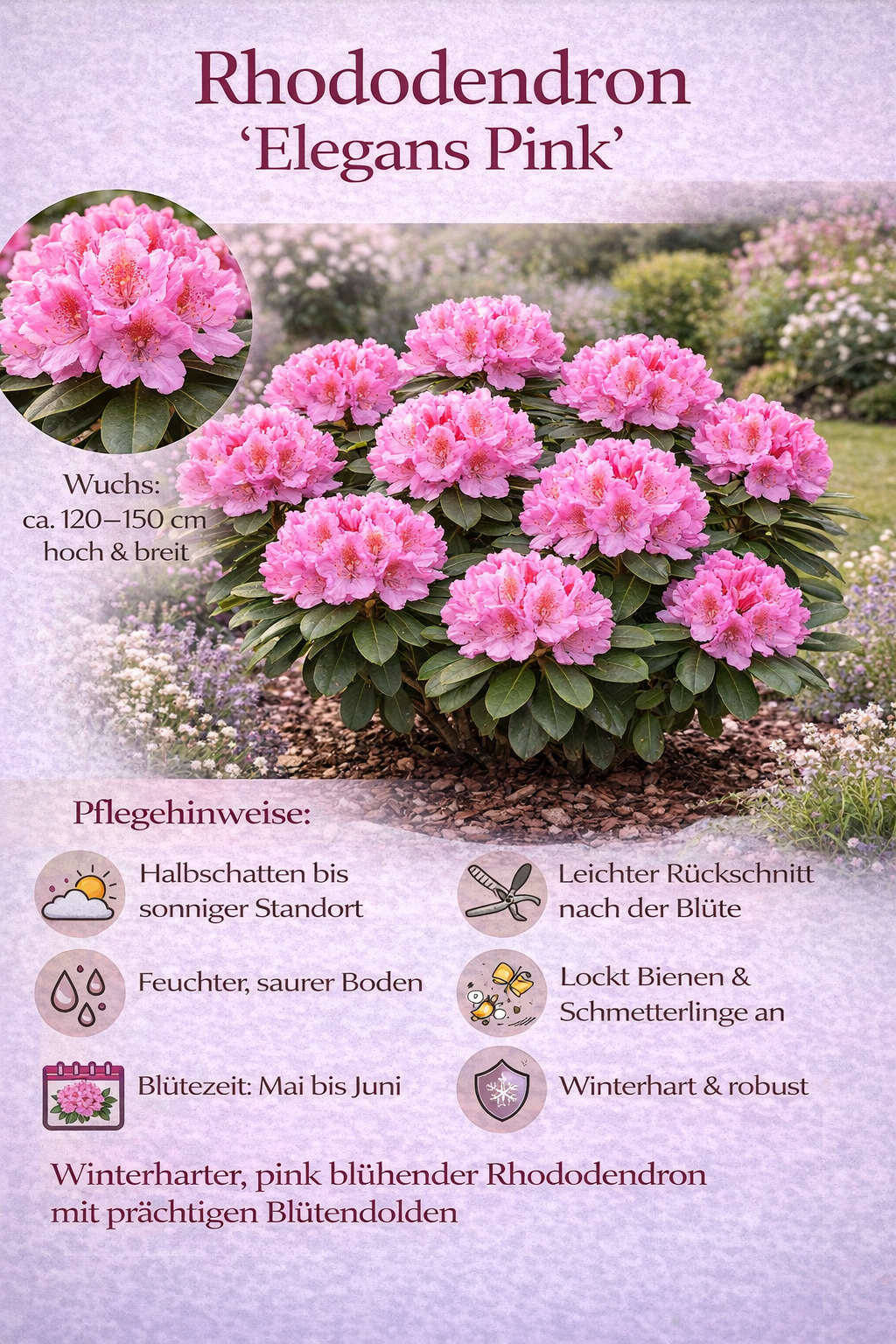 Rhododendron 'Roseum Elegans' 15–20 cm – Alpenrose, Immergrüner Zierstrauch, winterhart, rosa Blütenpracht für Garten & Balkon