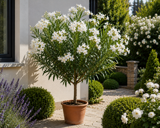 Nerium Oleander Soeur Agnes Stamm 120–150 cm – Weißer Oleander Stamm, mediterrane Kübelpflanze, Oleander Stämmchen