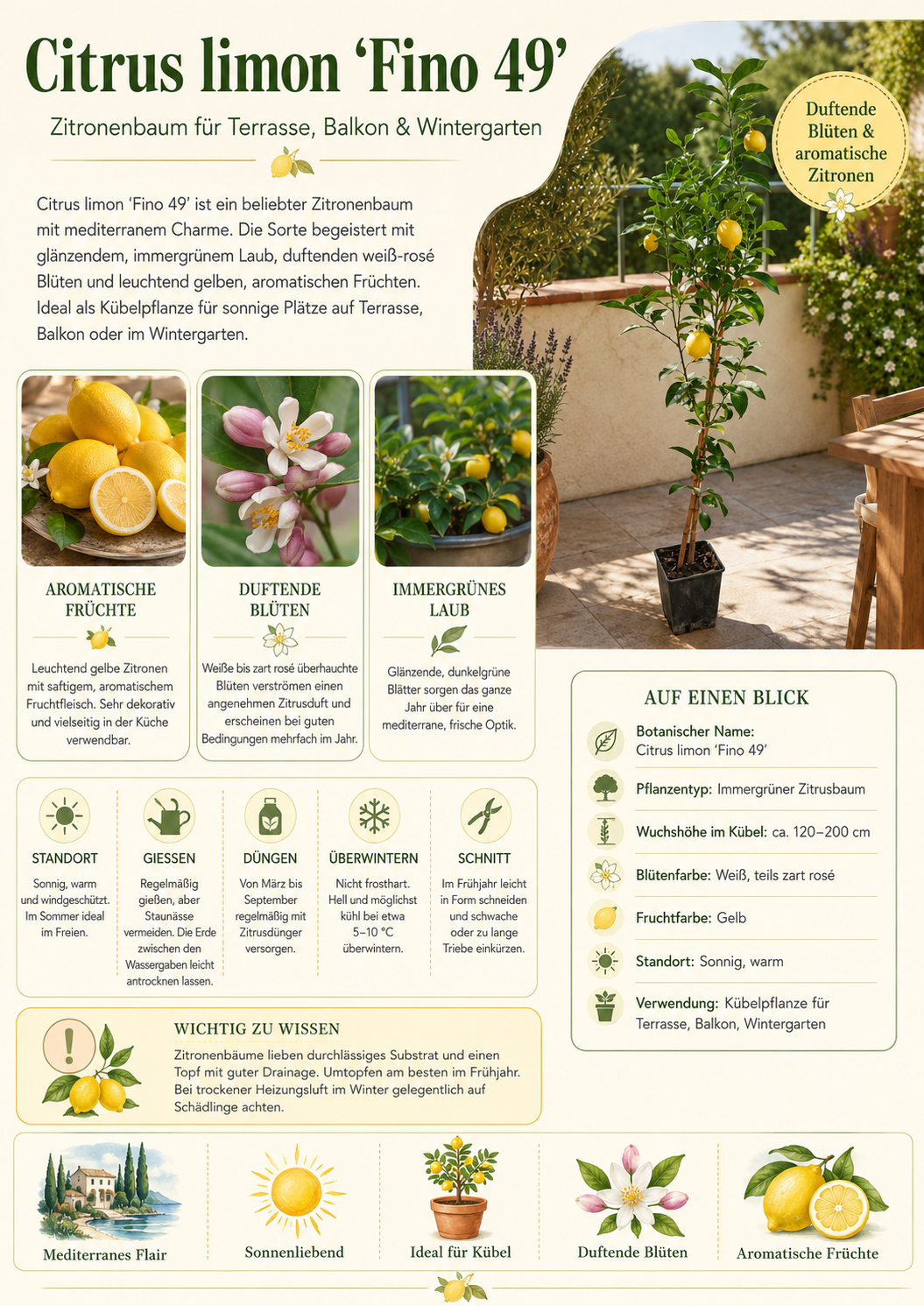 Zitronenbaum 120–140 cm Citrus limon Fino 49 echtes Zitronenbäumchen Mediterraner Zitrusbaum Stämmchen