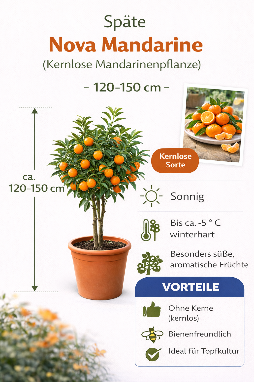 Nova Mandarin (bezsemínková mandarinka) 120-150 cm – Ideální do zahrady a na terasu