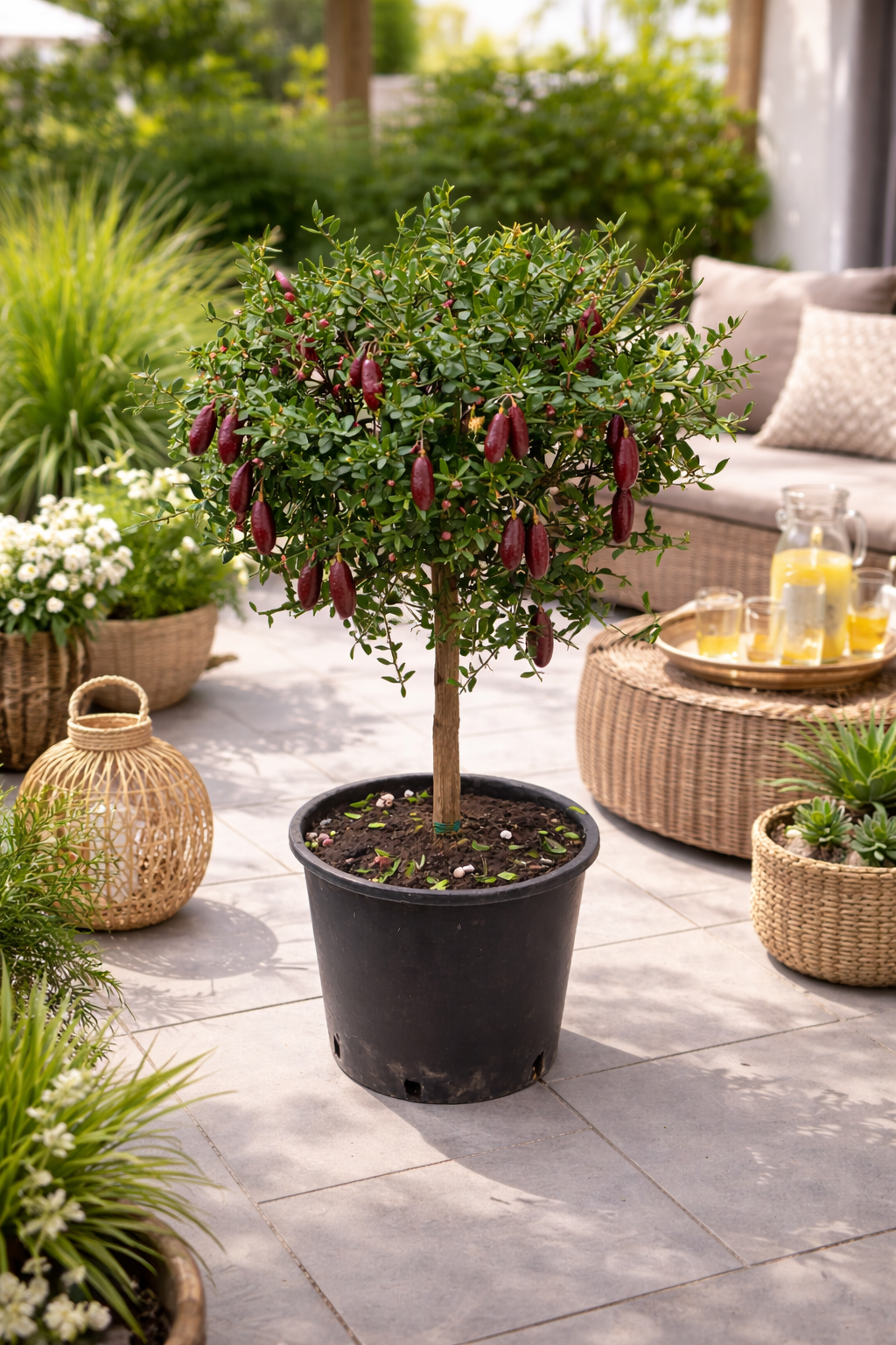 Kaviar-Limette (Microcitrus australasica) – Australische Fingerlimette mit roten Früchten – Exotische Zitruspflanze 70–80 cm inkl. Topf