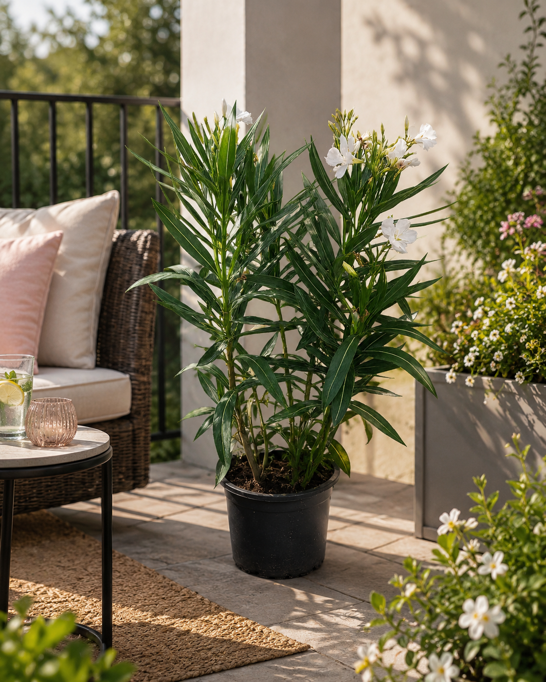 Oleander Weiß 50-70 cm Nerium Oleander weiß Einfachblüte Mediterrane Kübelpflanze Wintergarten Terrasse Balkon
