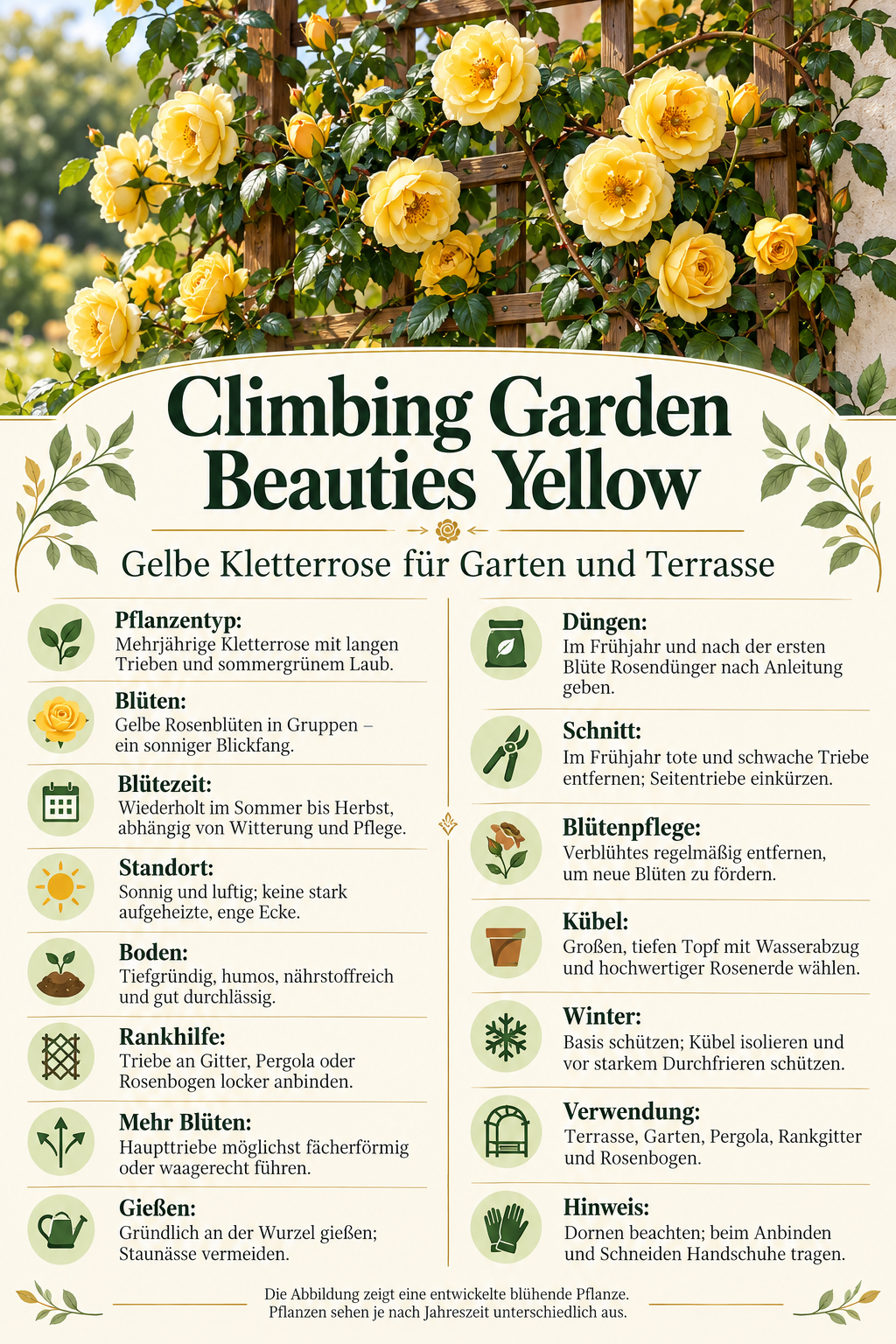 Gelbe Kletterrose ‘Climbing Garden Beauties Yellow’ – Rose für Garten, Terrasse & Kübel – 50–70 cm inkl. Topf