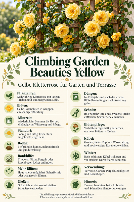 Gelbe Kletterrose ‘Climbing Garden Beauties Yellow’ – Rose für Garten, Terrasse & Kübel – 50–70 cm inkl. Topf