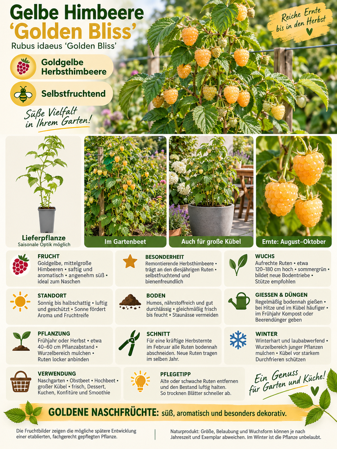 Gelbe Himbeere ‘Golden Bliss’ 30–35 cm – Rubus idaeus, winterharte Naschhimbeere für Garten, Balkon und Terrasse