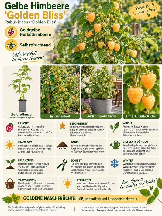 Gelbe Himbeere ‘Golden Bliss’ 30–35 cm – Rubus idaeus, winterharte Naschhimbeere für Garten, Balkon und Terrasse