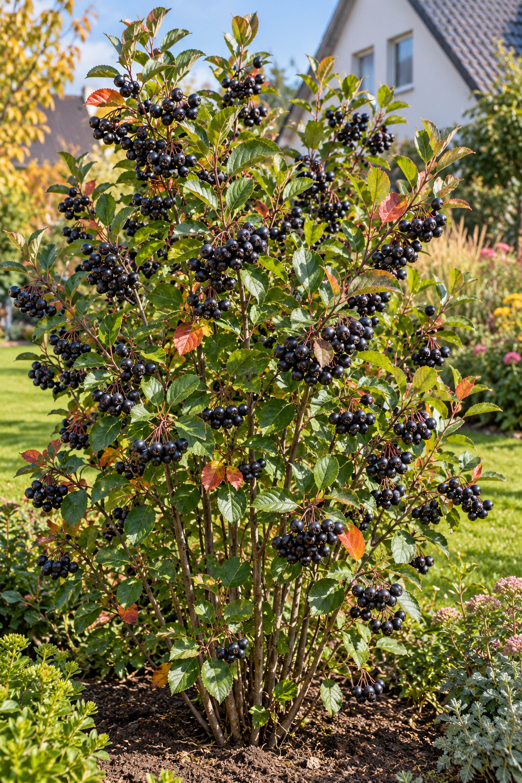 Schwarze Apfelbeere ‘Hugin’ – Aronia melanocarpa – winterharter Beerenstrauch für Garten & Kübel – 40–60 cm inkl. Topf
