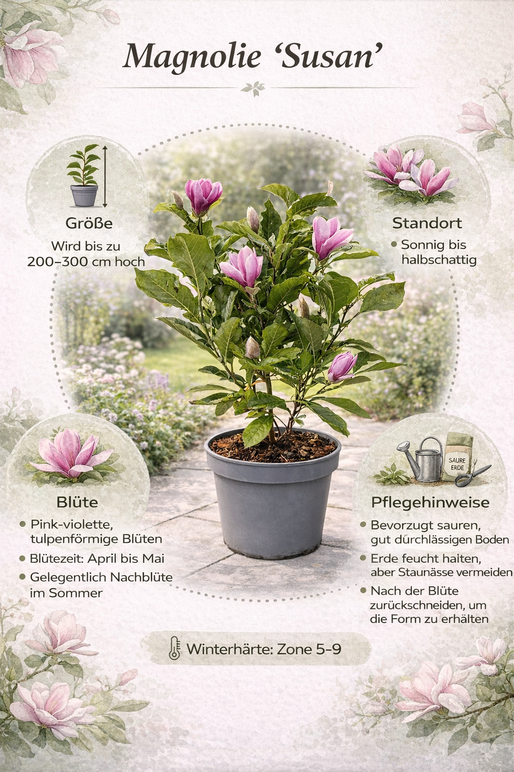 Magnolie 'Susan' 60-80 cm – Kvetoucí zahradní rostlina | Trpasličí magnólie v květináči, mrazuvzdorná a voňavá