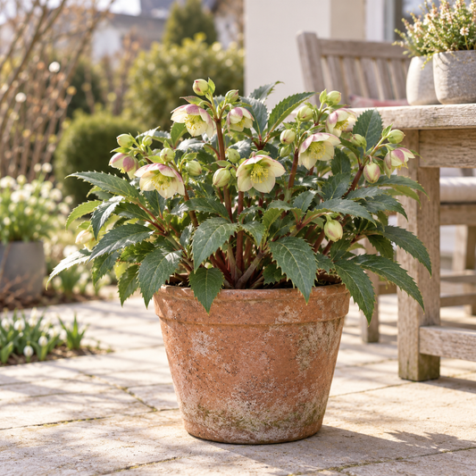 Helleborus × sternii – Nieswurz, immergrüne Blütenstaude für Garten & Kübel – 15–20 cm inkl. Topf