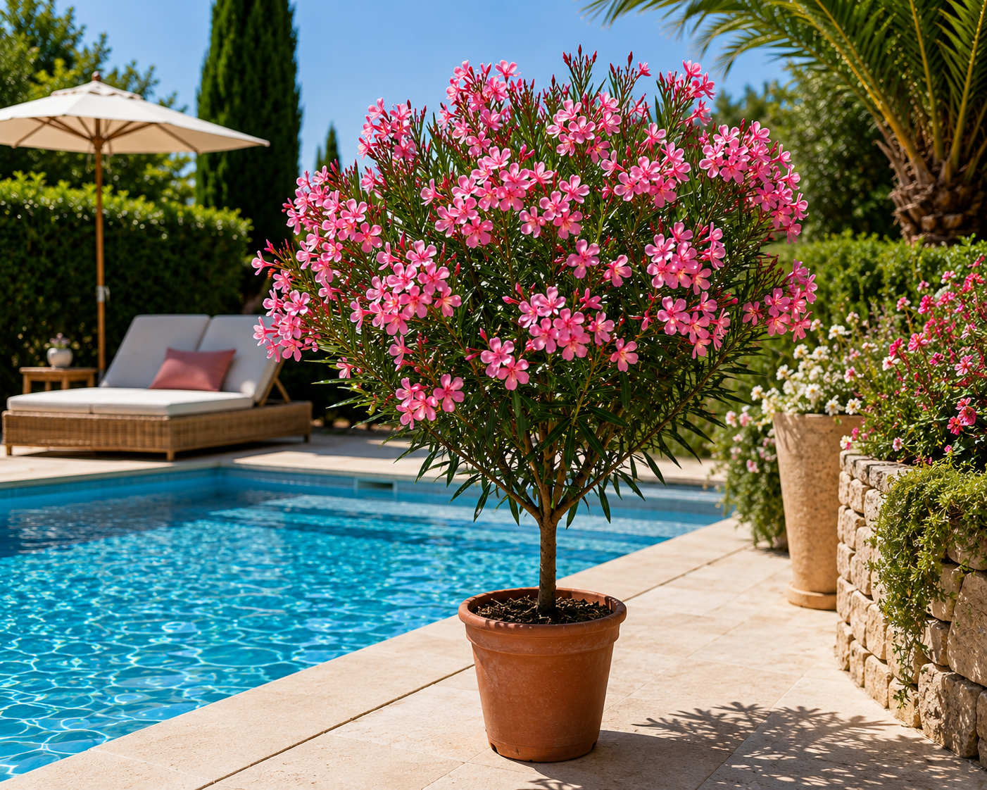 Oleander Stämmchen Emile Sahut 120–150 cm – Nerium Oleander mit roten Blüten, mediterrane Kübelpflanze
