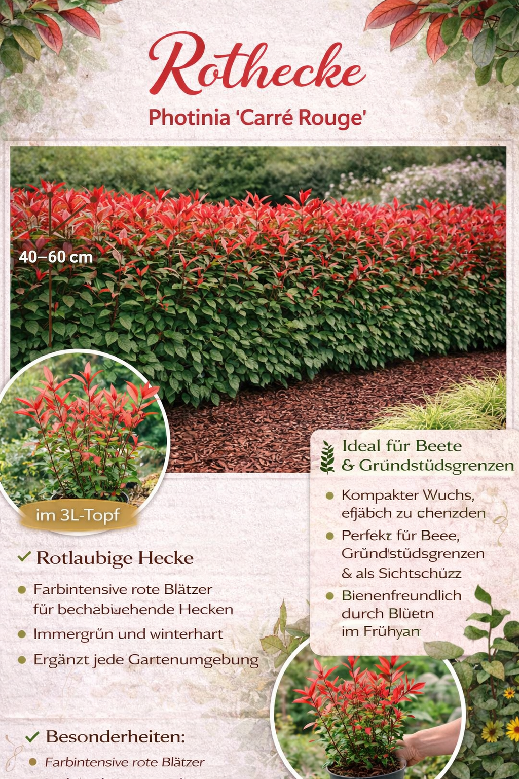 Glanzmispel Carré Rouge 40–60 cm – Rote Heckenpflanze, Photinia fraser –  Blumen-Senf®
