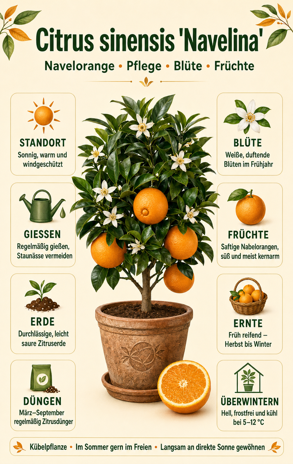 Orangenbaum ‘Navelina’ als Stämmchen ca. 50 cm – Citrus sinensis, mediterrane Zitruspflanze für Balkon und Terrasse