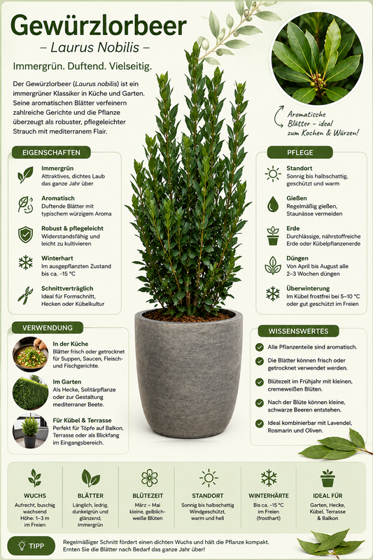Gewürzlorbeer (Laurus nobilis) 160–200 cm – Echter Lorbeer, Lorbeerbaum, Mediterrane Kübelpflanze für Terrasse, Balkon, Garten & Wintergarten
