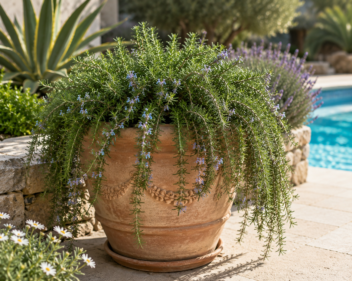 Hängender Rosmarin Prostratus im 12 cm Topf – Kriechrosmarin winterhart immergrün aromatisch für Balkon Garten und Küche