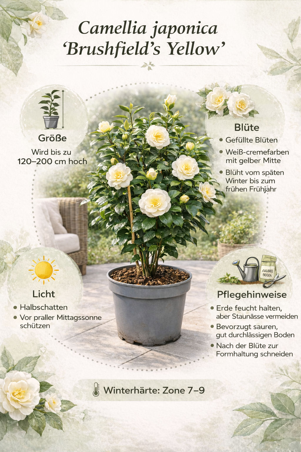 Camellia japonica ‘Brushfield’s Yellow’ – Japanische Kamelie cremegelb | Winterharte Kamelie, Immergrüner Zierstrauch, Gartenpflanze