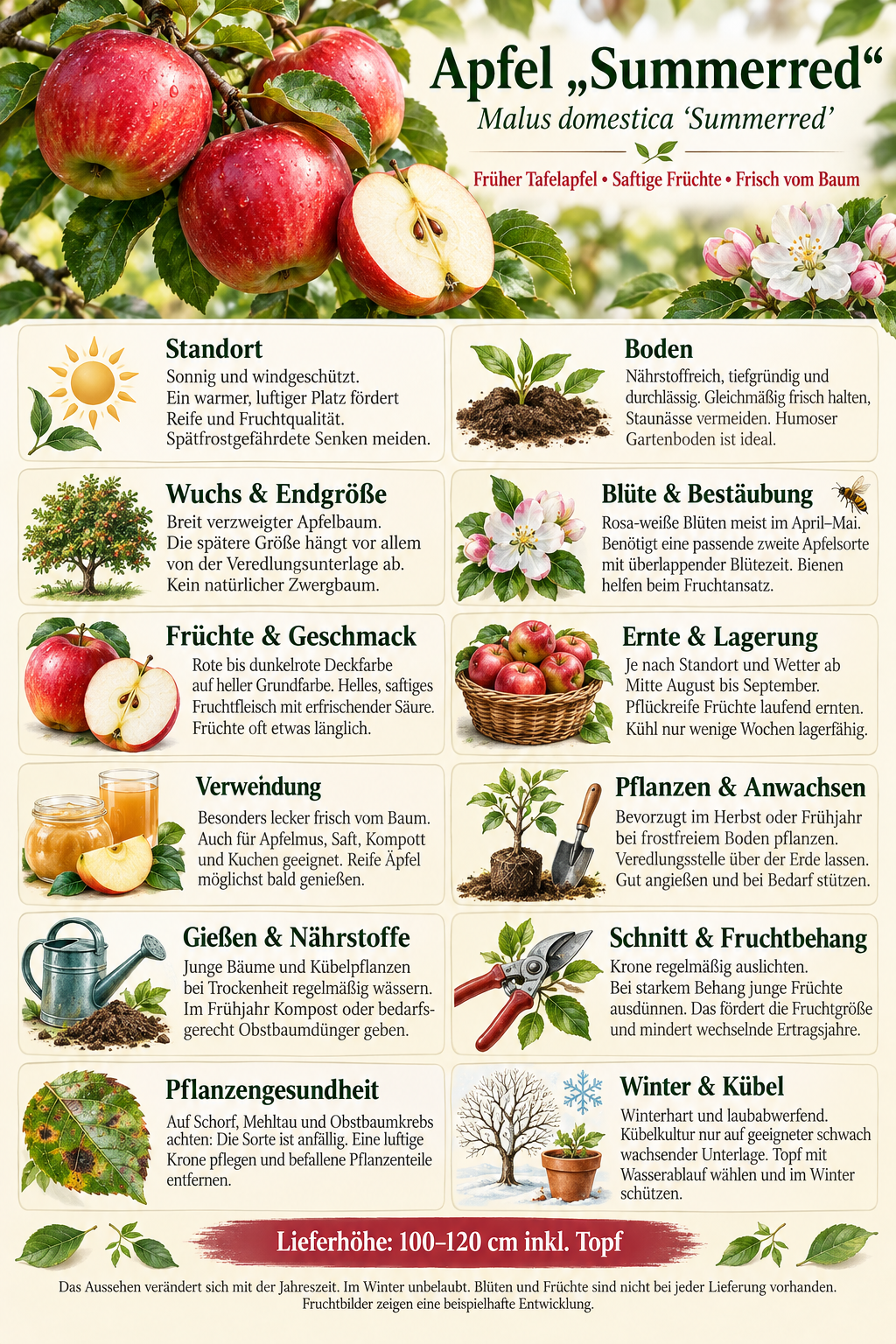 Malus domestica ‘Summerred’ 100–120 cm – Sommerapfel, früh reifender Apfelbaum mit rot-gelben Früchten