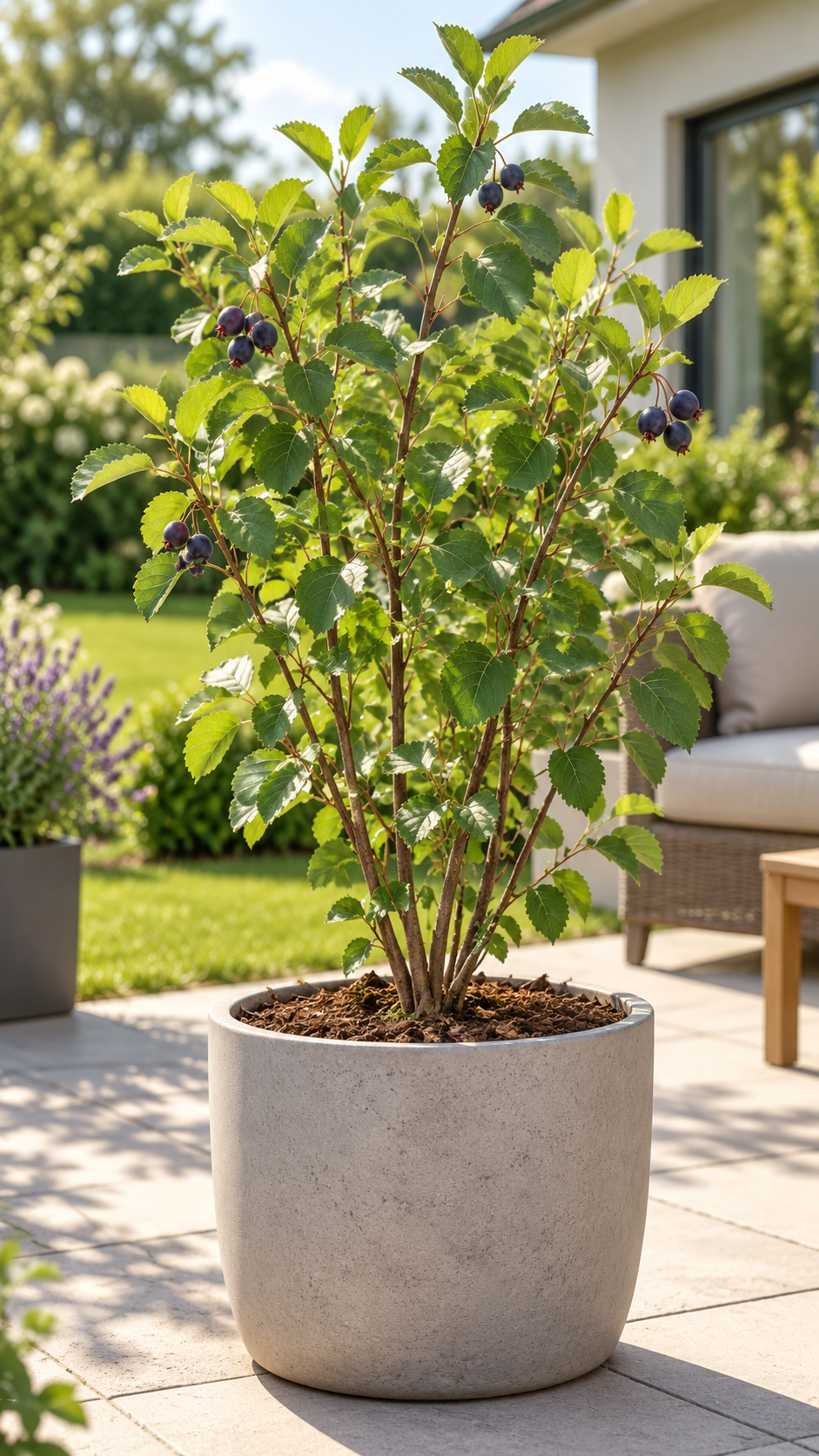 Felsenbirne ‘Thiessen’ – Amelanchier alnifolia – winterharter Obststrauch mit essbaren Früchten – 40–60 cm inkl. Topf