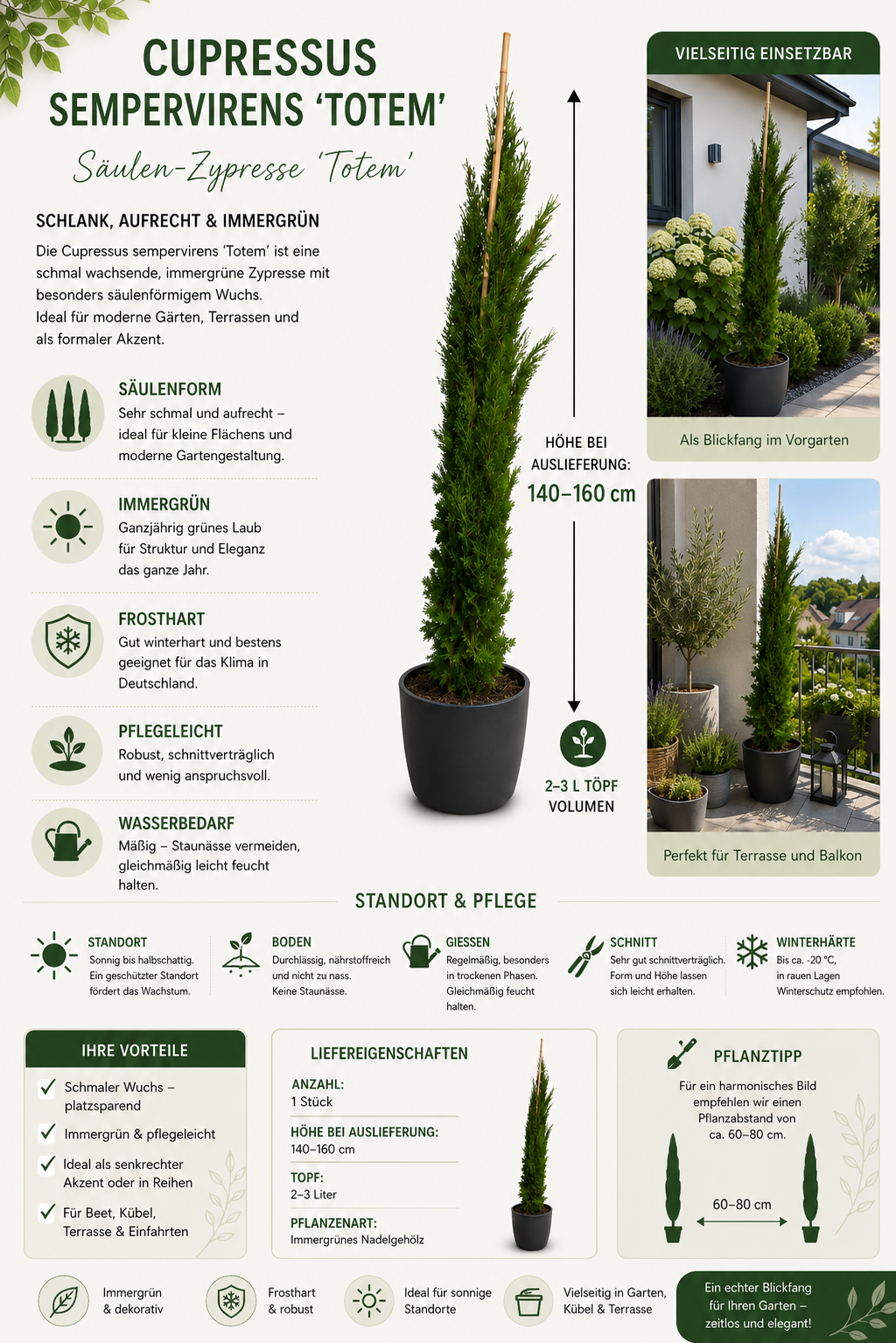 Cupressus sempervirens Totem 140–160 cm – Säulenzypresse Mediterrane Zypresse Italienische Zypresse Wintergrün