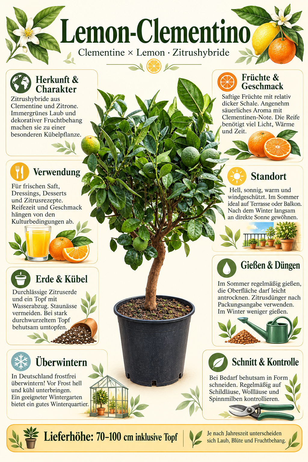 Lemon-Clementino – Zitronen-Clementinen-Baum, immergrüne Zitruspflanze für Balkon & Terrasse – 70–100 cm inkl. Topf