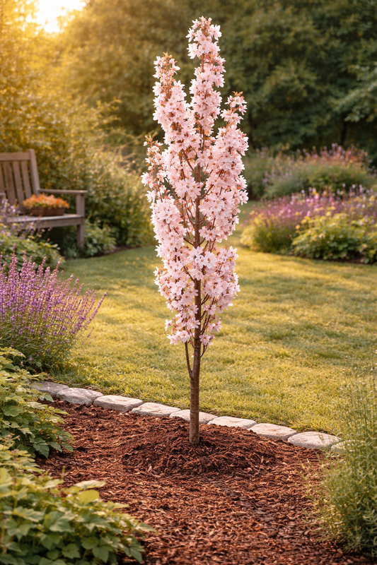 Japanische Säulenkirsche Amanogawa 100-120 cm – Schlanke Zierkirsche Prunus serrulata rosa Blüten Säulenbaum Garten Highlight