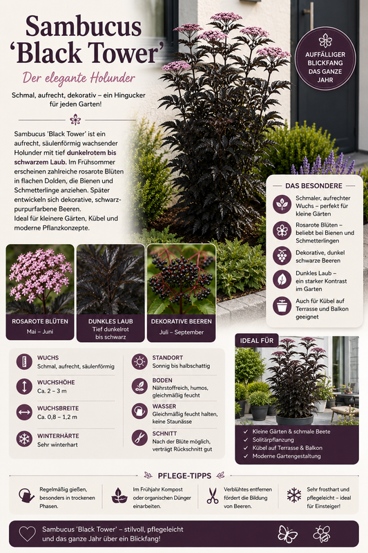 Säulen-Holunder 'Black Tower' 40–60 cm – Schwarzer Holunder | Sambucus nigra 'Black Tower' | Dunkellaubiger Zierholunder mit schwarzrotem Laub