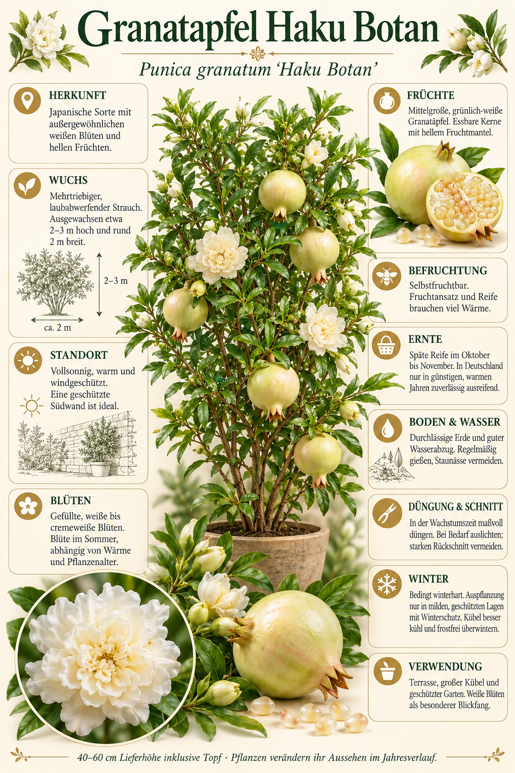Granatapfel ‘Haku Botan’ – Punica granatum – weiß blühender Granatapfelstrauch für Terrasse & Kübel – 40–60 cm inkl. Topf