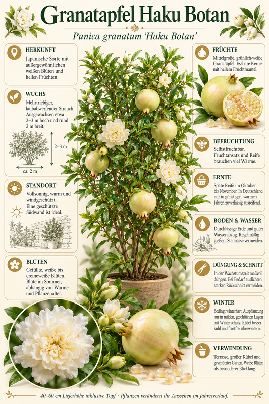 Granatapfel ‘Haku Botan’ – Punica granatum – weiß blühender Granatapfelstrauch für Terrasse & Kübel – 40–60 cm inkl. Topf