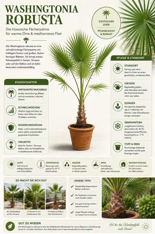 Washingtonia Robusta 100–140 cm Mexikanische Fächerpalme Winterharte Kübelpalme Tropische Palme