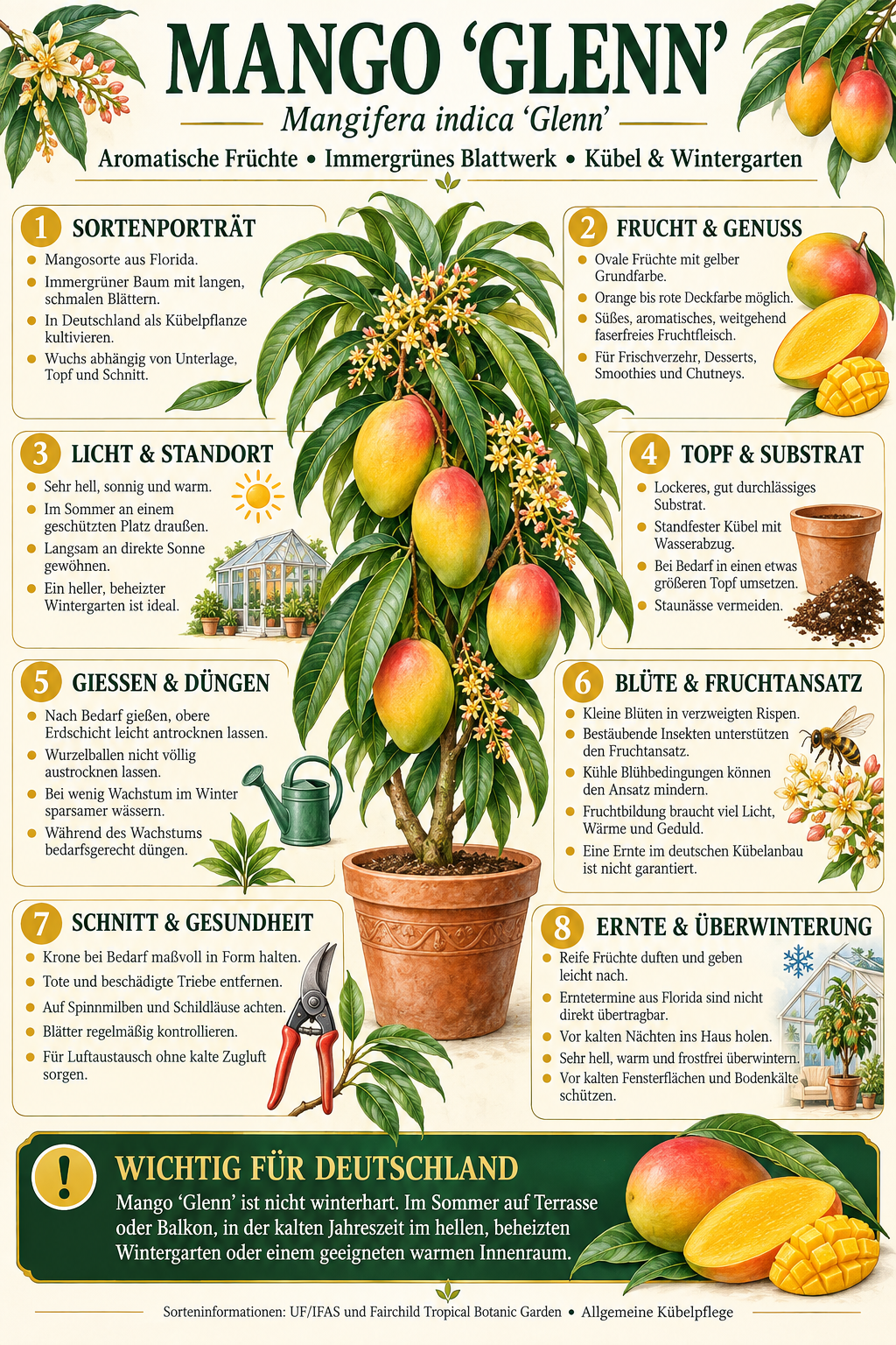 Mangobaum ‘Glenn’ – Mango-Pflanze (Mangifera indica) für Kübel, Terrasse & Wintergarten – 140–180 cm inkl. Topf