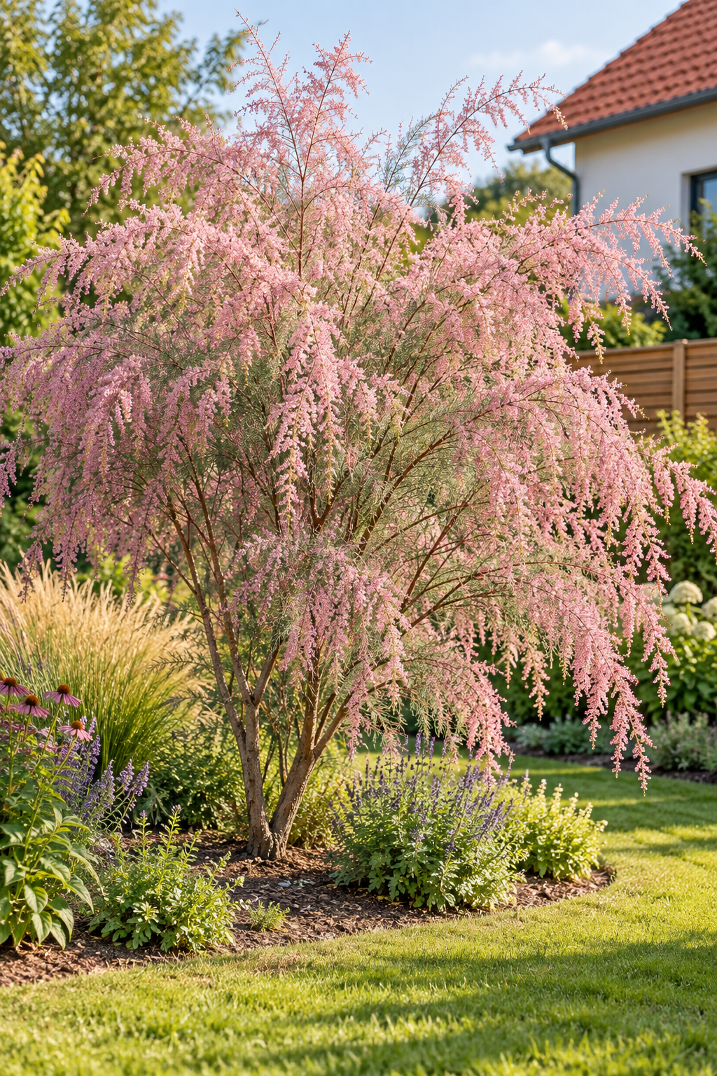 Tamariske ‘Pink Cascade’ – Sommer-Tamariske mit rosa Blüten – winterharter Zierstrauch – ca. 200 cm inkl. Topf