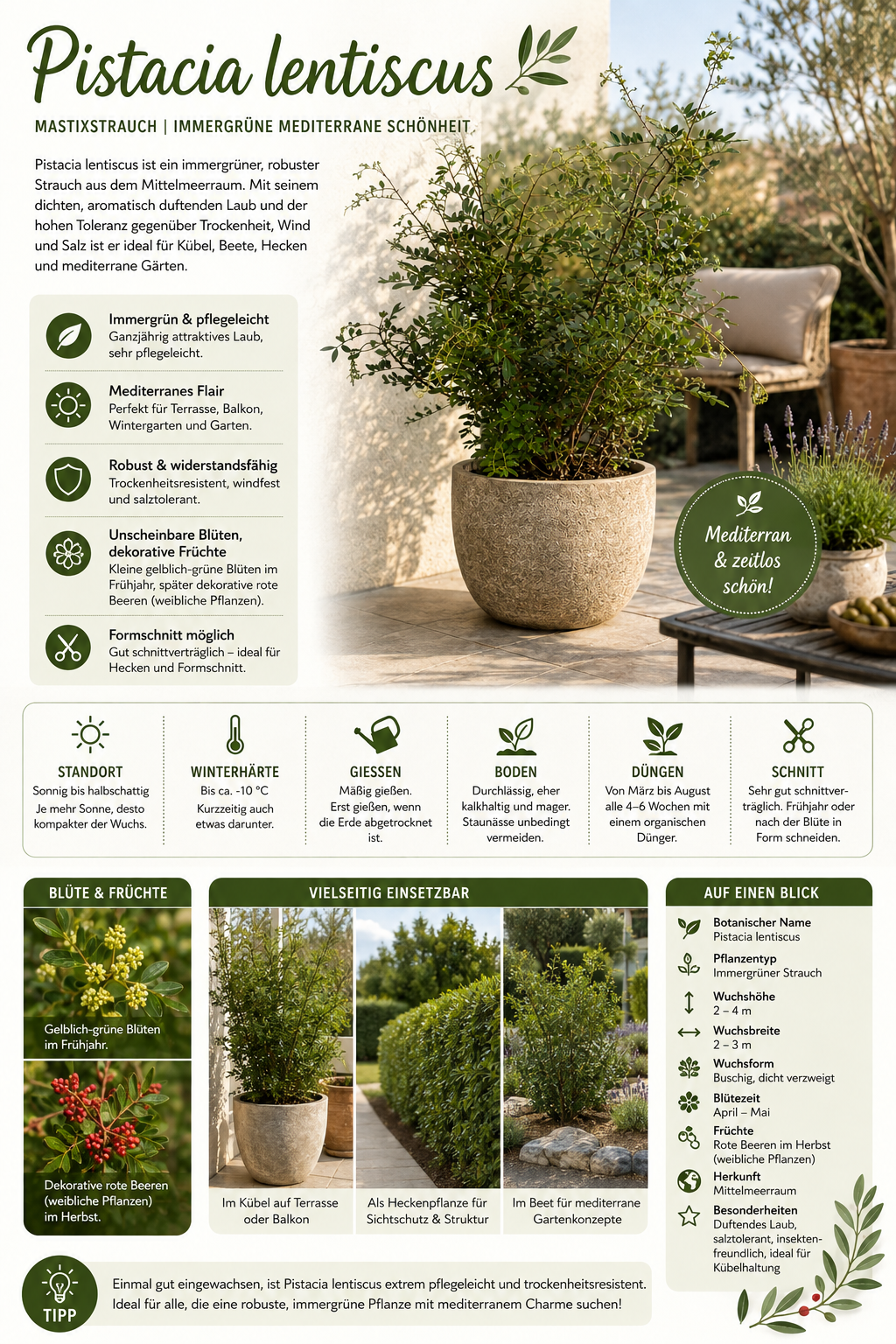 Pistacia lentiscus 70–100 cm – Mastixstrauch – immergrüne mediterrane Pistazie für Kübel, Balkon & Terrasse