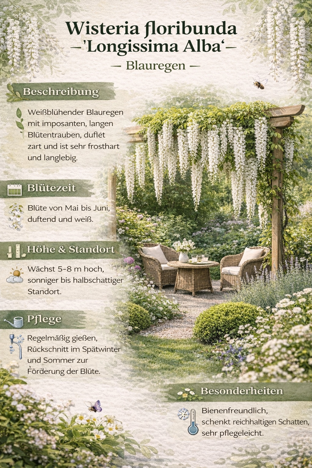 Weißer Blauregen Longissima Alba 180-200 cm Wisteria floribunda Edel Kletterpflanze Duftend Winterhart