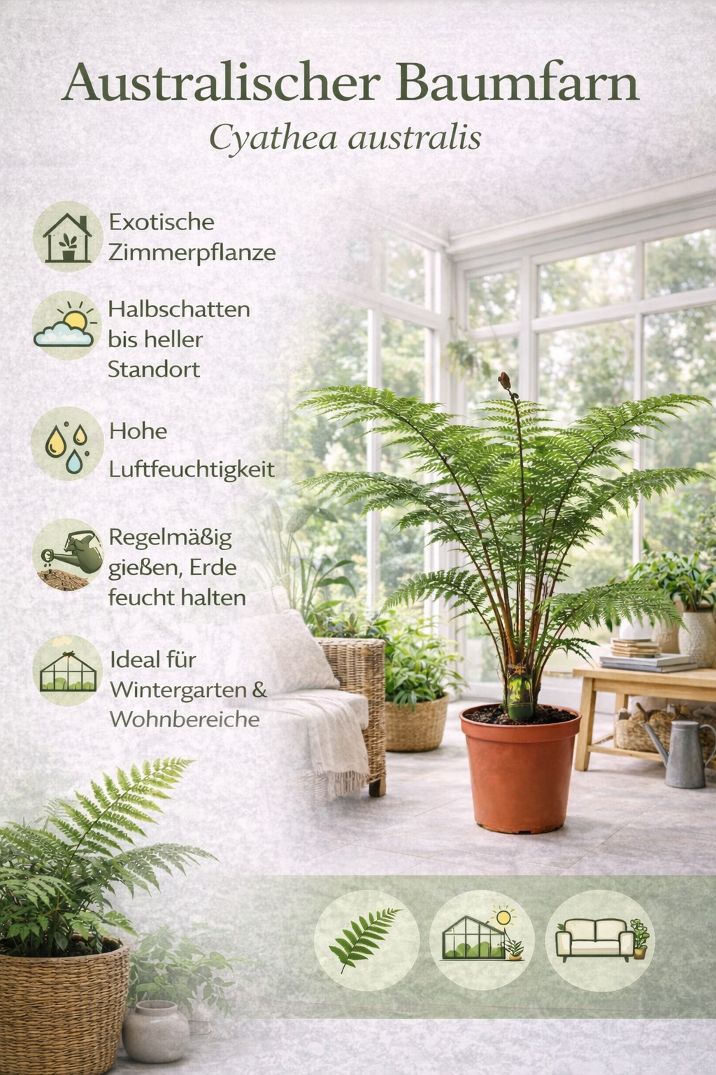 Australischer Baumfarn Cyathea Australis  80-100cm hoch inkl. Topf |  Schnellwchsiger Zimmerfarn & Exot fr Garten, Wintergarten & Terrasse