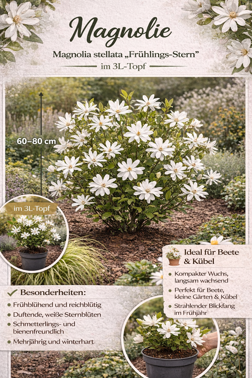 Hvězdicovitý magnólie (Magnolia stellata) – okrasný keř 60-80 cm | Raně kvetoucí magnólie s hvězdicovými květy