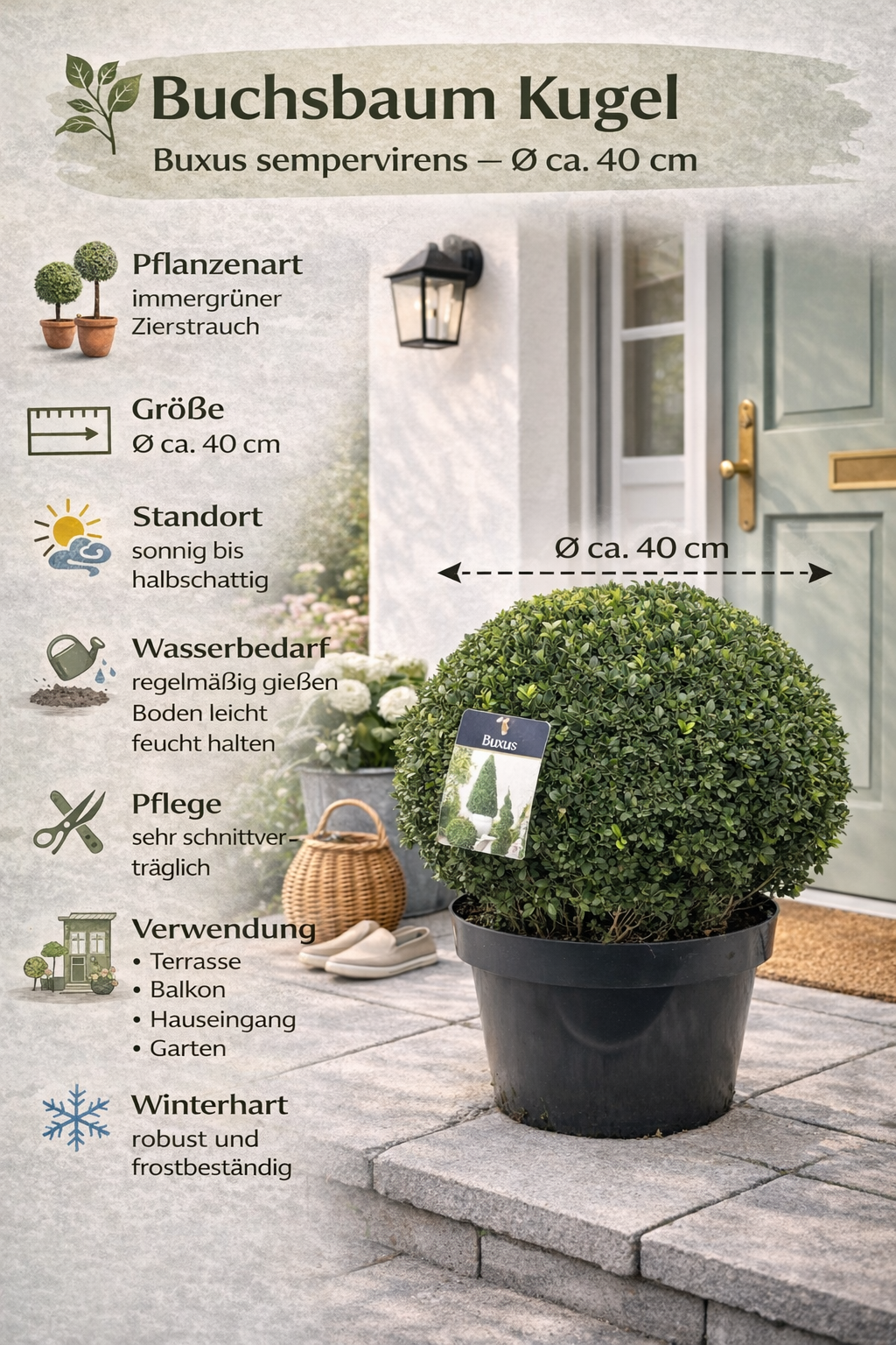 Buchsbaumkugel ca. 40 cm Ø – Pflegeleichte Buxus-Kugel für stilvolle G – Blumen-Senf®