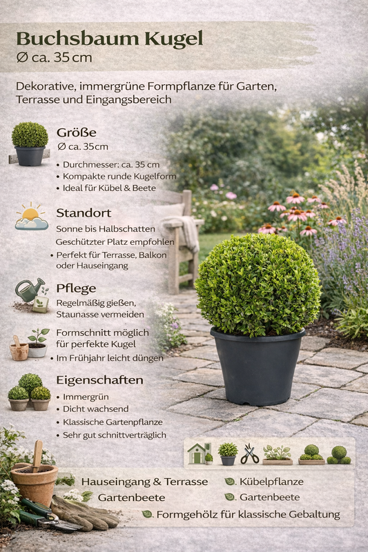 Průměr koule z buxusu cca. 35 cm – Vždyzelený Buxus sempervirens pro zahradu a dekoraci