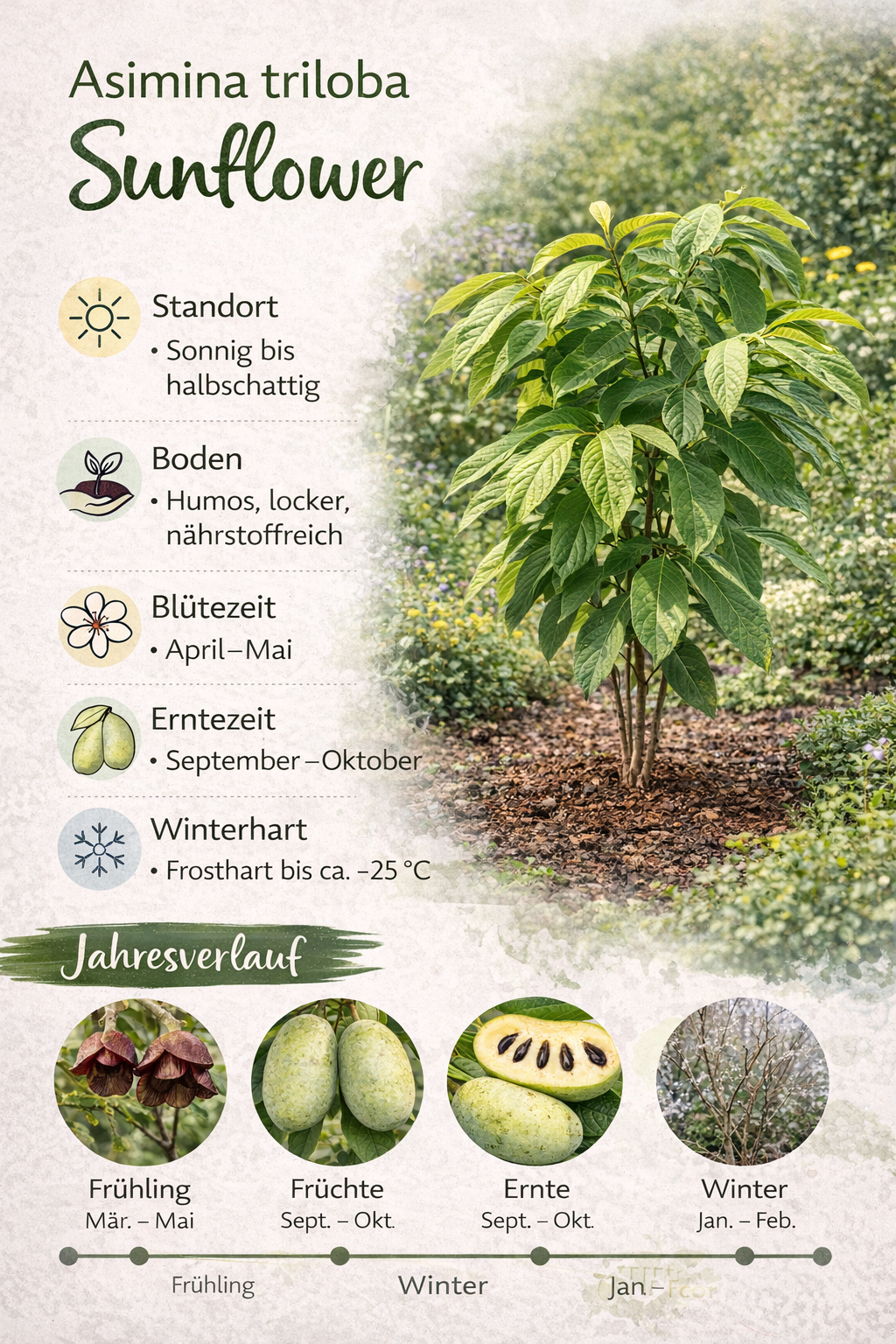 Asimina triloba Indianerbanane Papau winterharte Pawpaw Pflanze exotischer Obstbaum