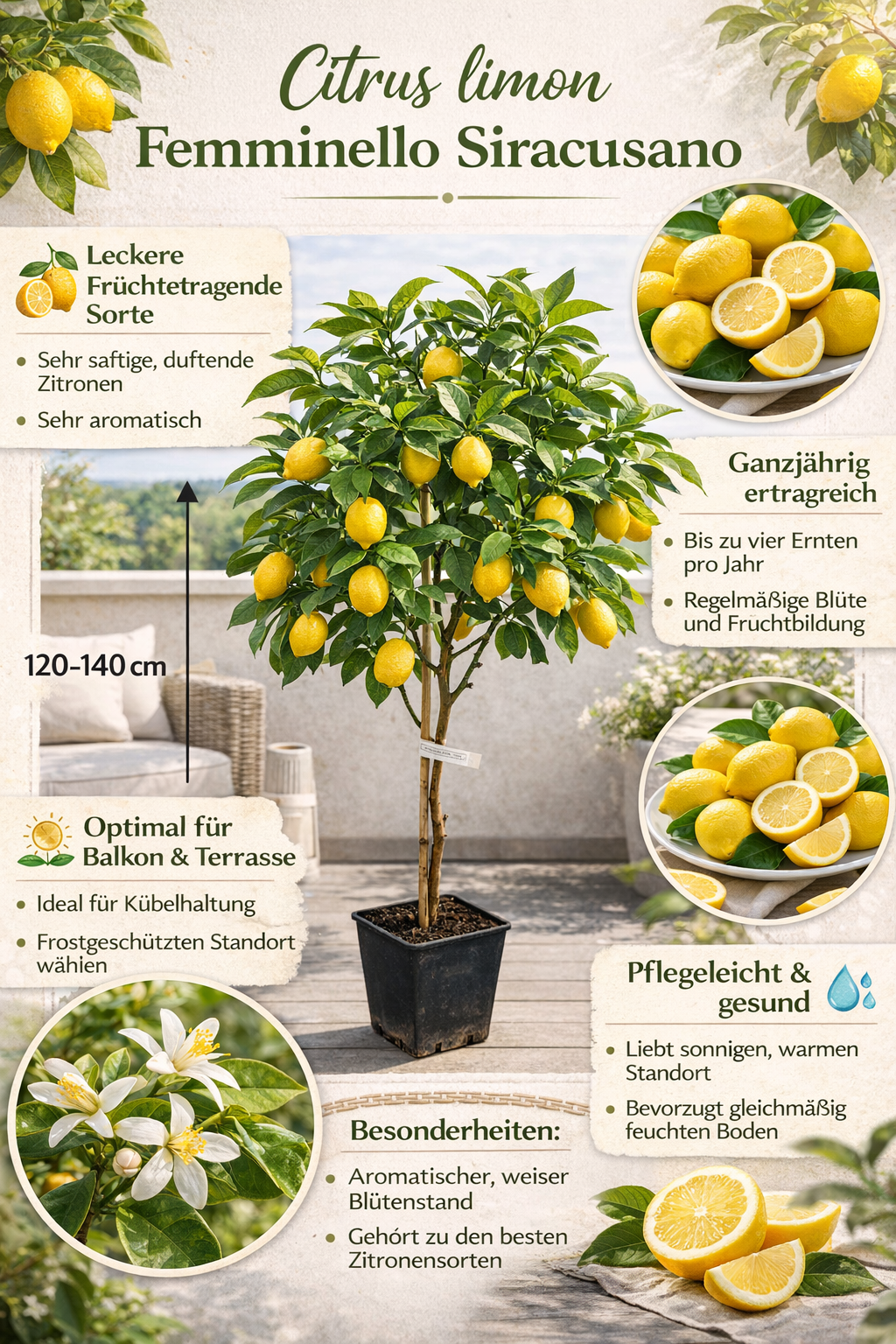 Citrus limon Femminello Siracusano – Zitronenbaum 120–160 cm, robuste echte  Zitrone, mediterrane Kübelpflanze