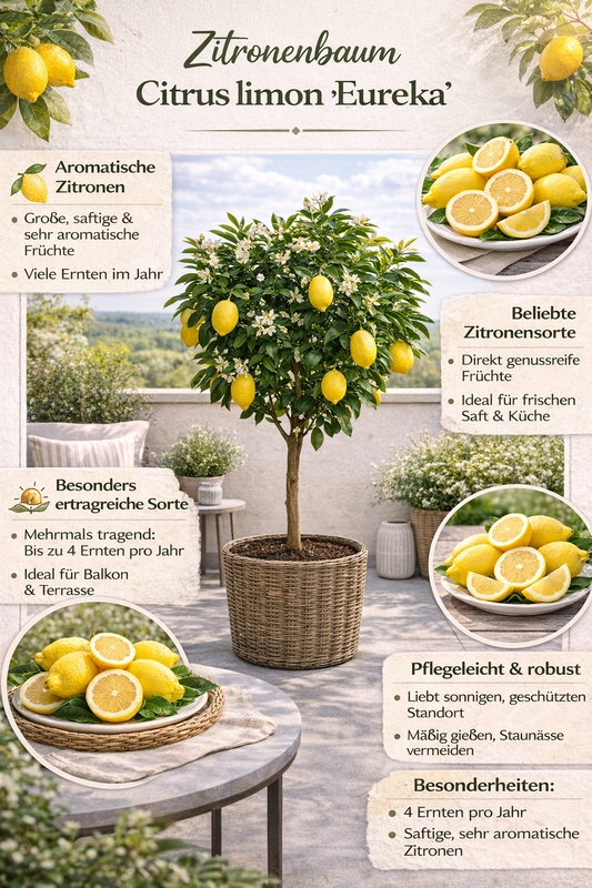 Zitronenbaum Citrus limon 'Eureka' (120-160 cm) – Immergrüner Obstbaum für Balkon, Terrasse & Garten