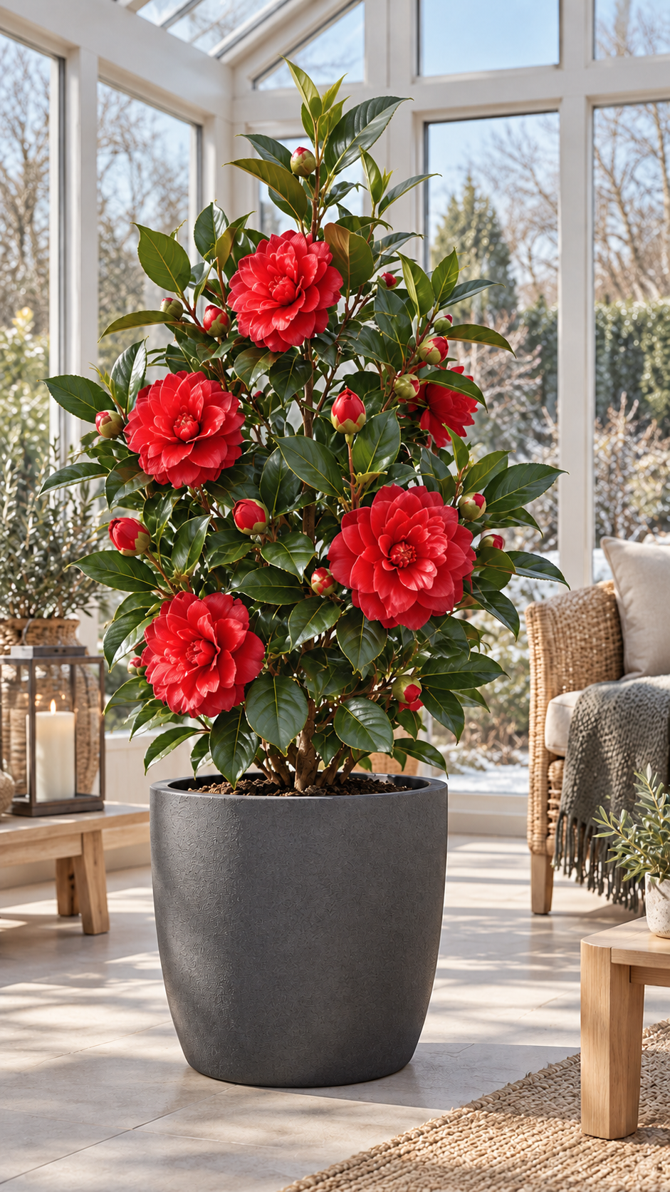 Rote Kamelie ca. 50 cm – Camellia mit eleganten Blüten für Kübel, Terrasse und Wintergarten