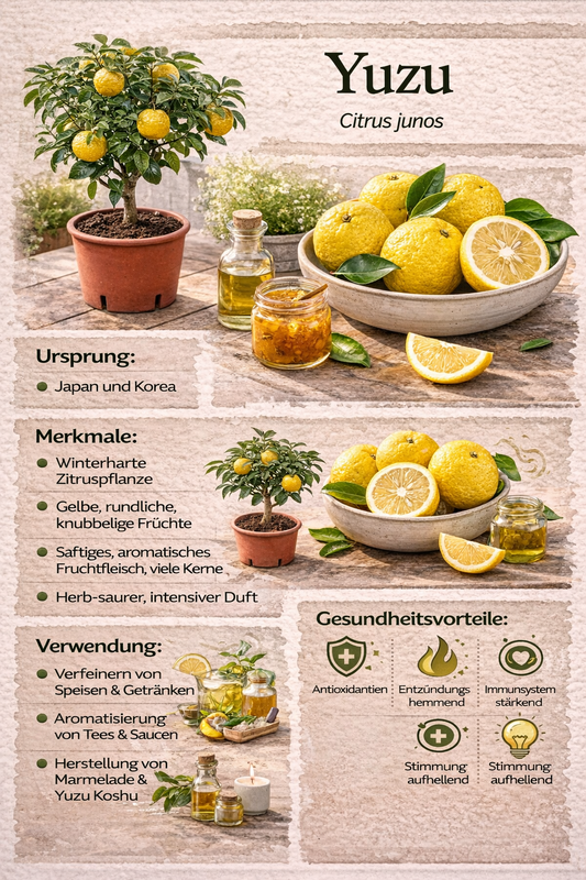 Yuzu Pflanze Citrus x junos 70-100 cm winterhart bis -6°C veredelt Japanische Zitrone frosthart