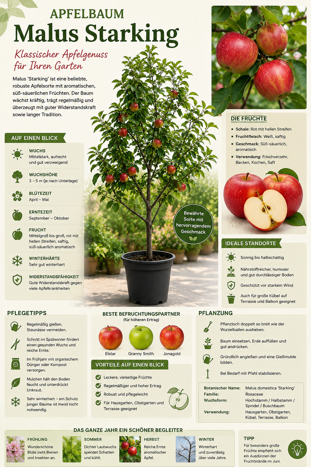 Apfelbaum Malus Starking – Roter Delicious Apfel | Obstbaum 100–140 cm | Winterharte Obstpflanze für Garten & Obstwiese