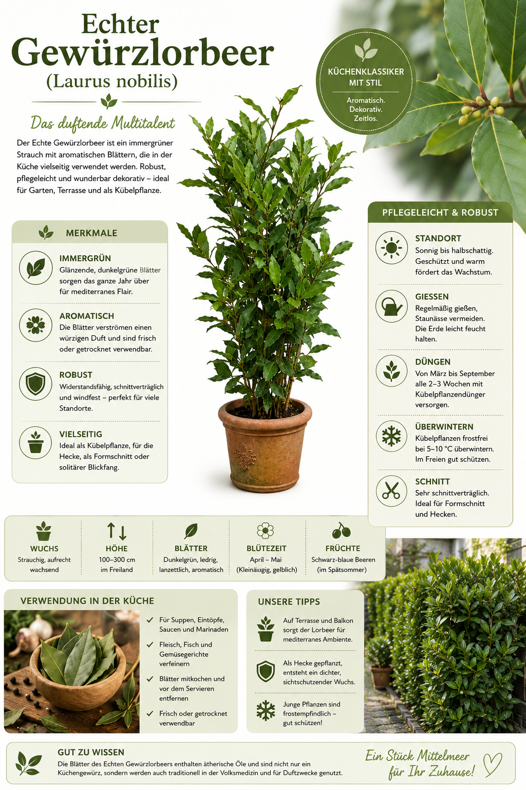 Echter Gewürzlorbeer (Laurus nobilis) – winterhart bis -10 °C, 60–80 cm inkl. Topf – aromatischer Lorbeerbaum für Garten & Küche