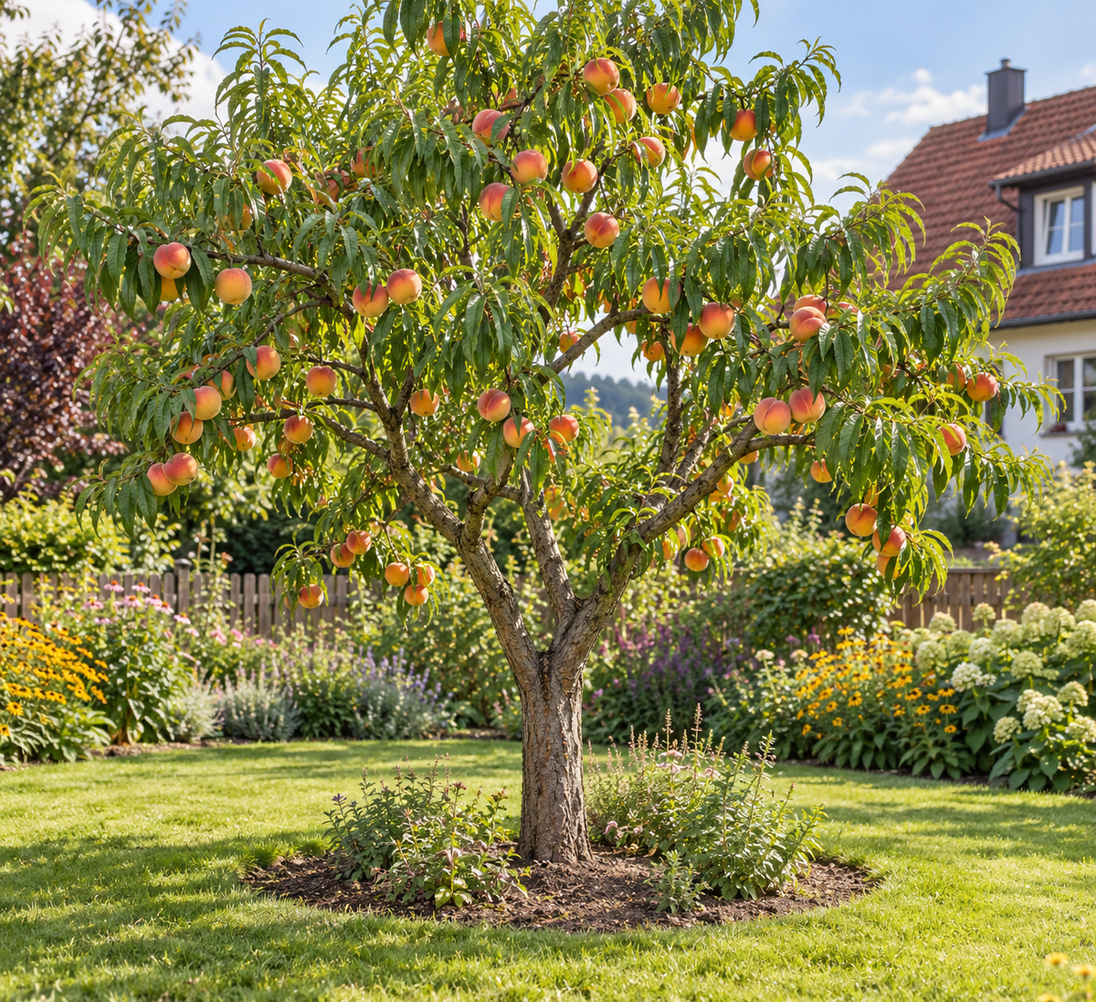 Pfirsichbaum ‘Suncrest’ – Prunus persica | Saftige Früchte für Garten & Terrasse | 160–200 cm inkl. Topf