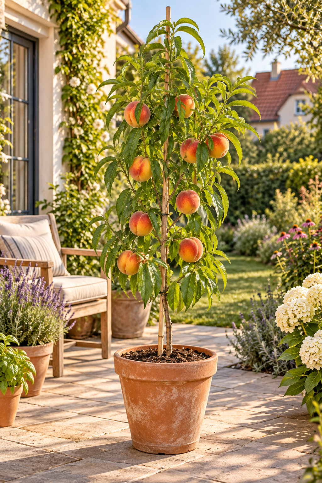 Pfirsichbaum ‘Suncrest’ – Prunus persica | Saftige Früchte für Garten & Terrasse | 160–200 cm inkl. Topf