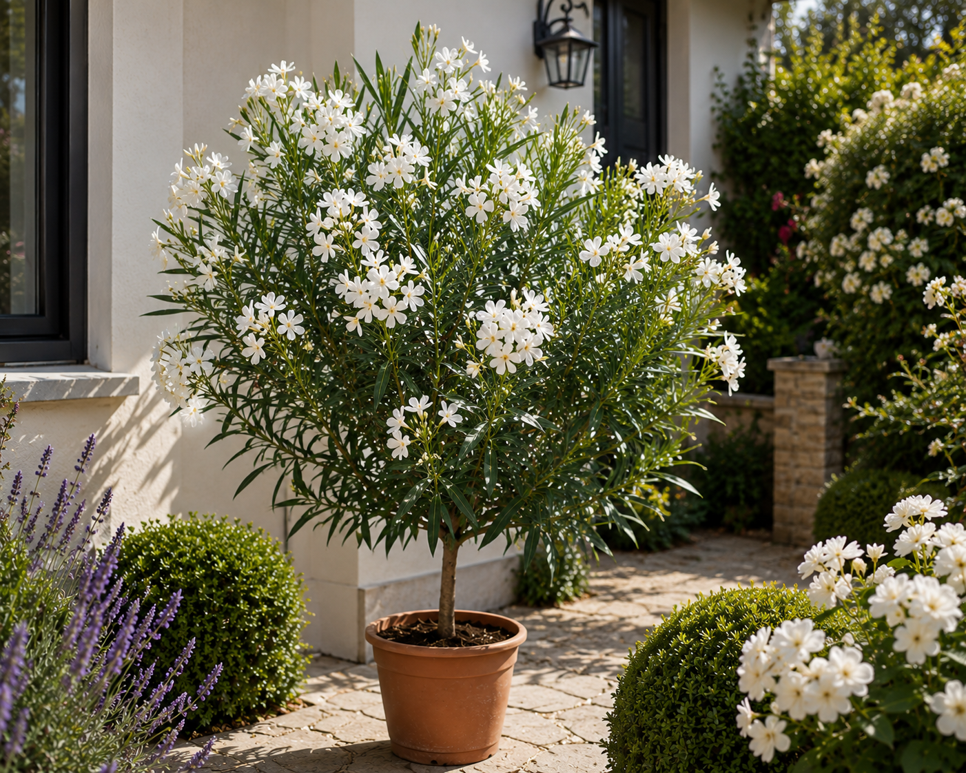 Nerium Oleander Soeur Agnes Stamm 120–150 cm – Weißer Oleander Stamm, mediterrane Kübelpflanze, Oleander Stämmchen