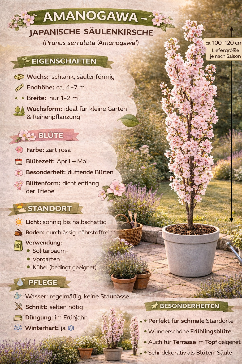 Japanische Säulenkirsche Amanogawa 100-120 cm – Schlanke Zierkirsche Prunus serrulata rosa Blüten Säulenbaum Garten Highlight